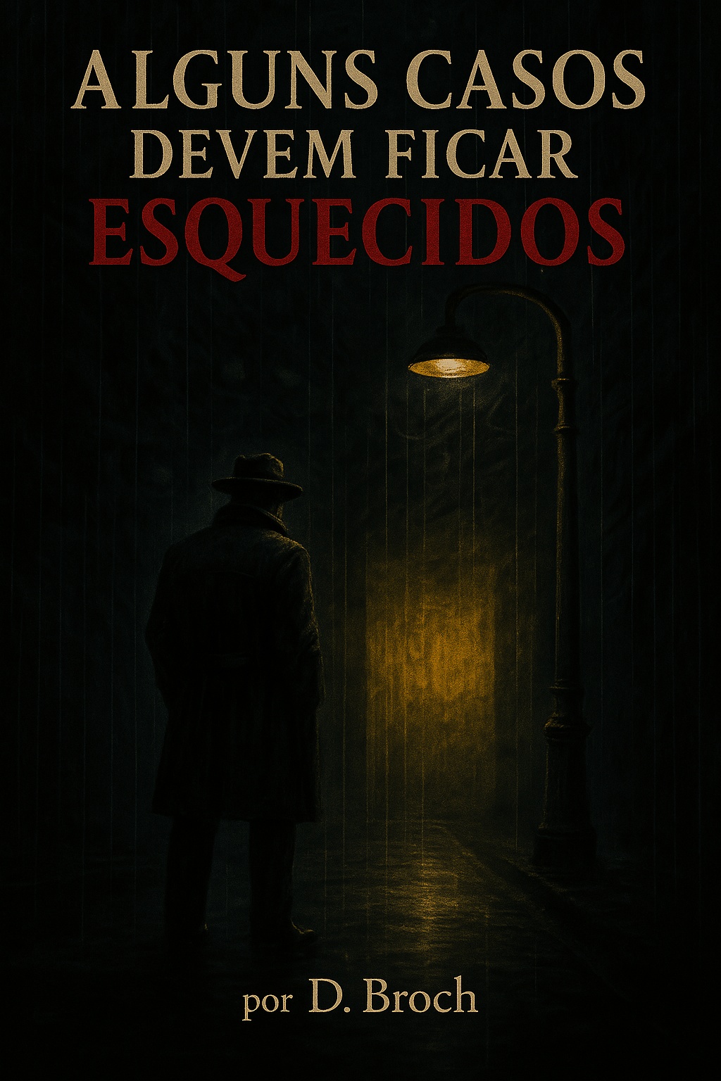 Capa do livro Alguns Casos Devem Ficar Esquecidos, de D. Broch. Um detetive observa um poste de luz em uma rua escura e chuvosa.